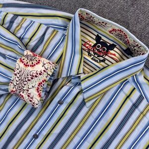 Robert Graham Men's 3XLT Blue Striped Keep Smiling Shirt Floral Flip Cuff Collar